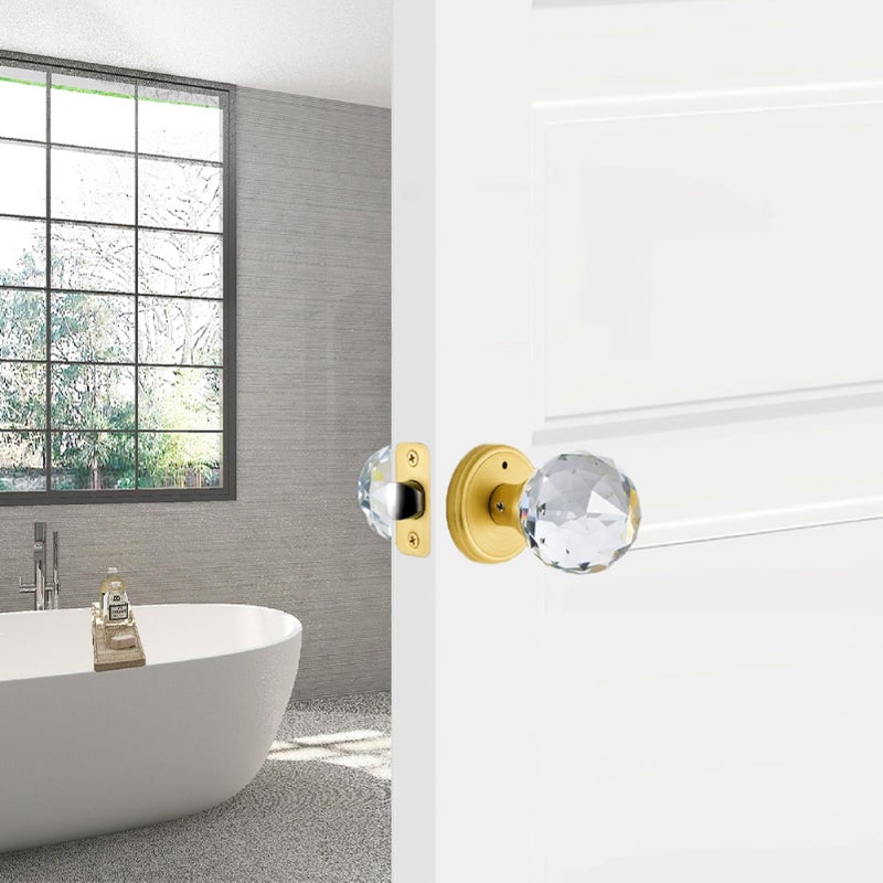 CLCTK Crystal Glass Door Knobs Interior with Lock, Privacy Bathroom Bedroom Door Knobs Gold Door Knob, Satin Brass - Image 4